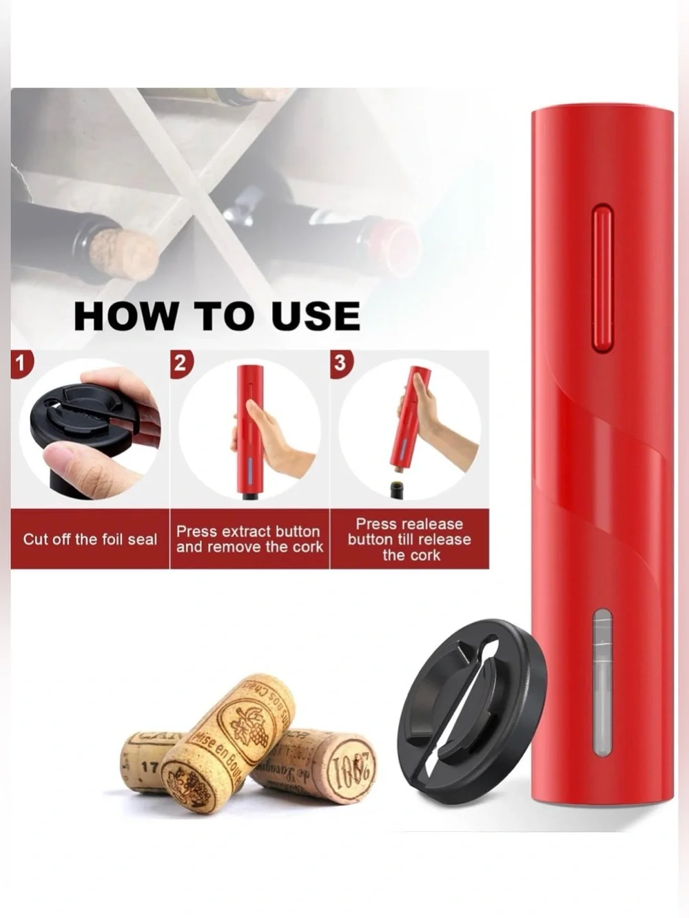Electric Wine Bottle Opener with Foil Cutter, Automatic Corkscrew
